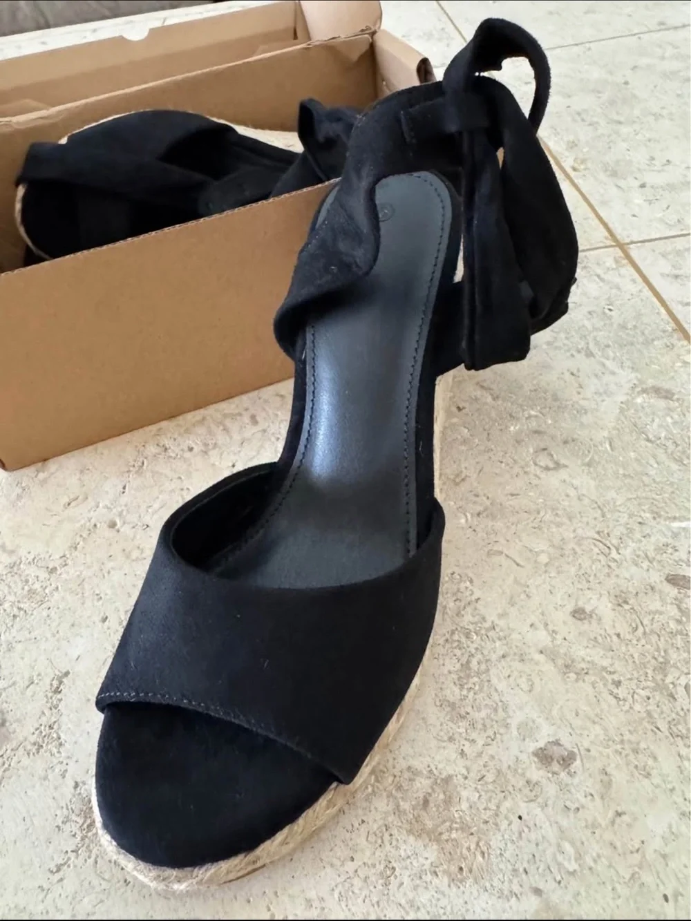 Black Espadrille Wedge Sandals with Ankle Tie, Brand New